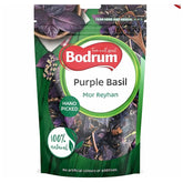 Bodrum Purple Basil (25g) comes in a resealable pack; this 100% natural, hand-picked aromatic herb contains no artificial colors or additives—ideal for enhancing Mediterranean dishes.
